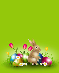 Easter background decorated with easter eggs and bunny