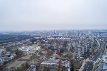 Aerial view over old soviet time architecture in Karoliniskes district, Vilnius, Lithuania. During...