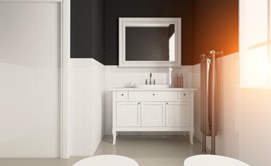 Fototapeta na wymiar Scandinavian bathroom, classic vintage interior design. 3D rendering. Sunset.