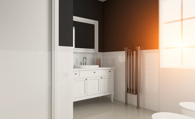 Modern bathroom including bath and sink. 3D rendering. Sunset.