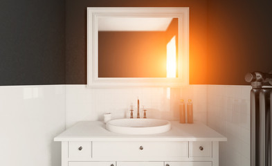 Fototapeta na wymiar Spacious bathroom in gray tones with heated floors, freestanding tub. 3D rendering. Sunset.