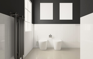 Empty paintings. Scandinavian bathroom, classic  vintage interior design. 3D rendering.