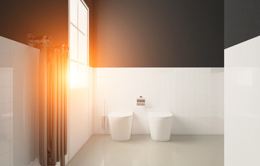 Fototapeta na wymiar Scandinavian bathroom, classic vintage interior design. 3D rendering. Sunset.