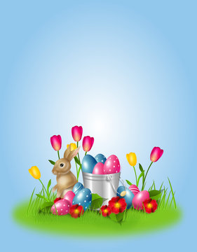 Easter background decorated with easter eggs and bunny