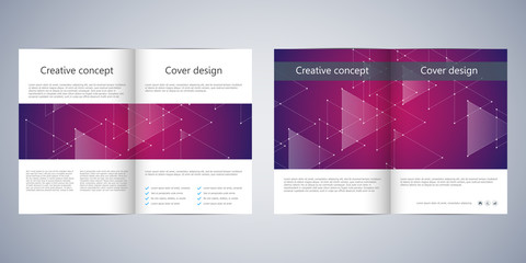 Fototapeta premium Bi-fold business brochure template with abstract background. Geometric graphics and connected lines with dots. Medical, technological and scientific concept. Vector illustration.