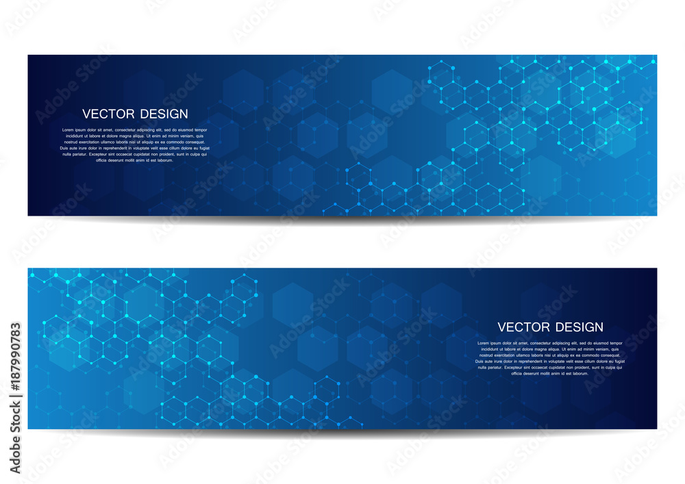 Poster technological and scientific banners with hexagonal molecule dna. polygonal abstract background. sci