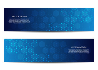 Technological and scientific banners with hexagonal molecule dna. Polygonal abstract background. Science, technology or medical concept. Vector illustration.