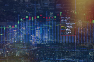 Double exposure of stocks market chart in blue on LED display concept with city scape hong kong background