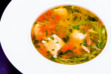 Fish soup with vegetables and herbs in white plate