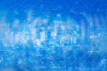Business networking connection concept and Wi-Fi in city.Technology communication with cityscape background.