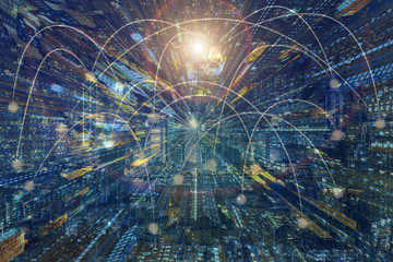 Business networking connection concept and Wi-Fi in city.Technology communication with cityscape background.