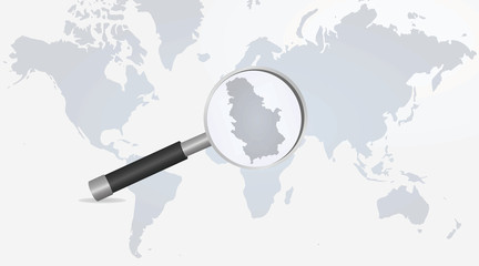 Serbia on magnifying glass in world map. vector illustration