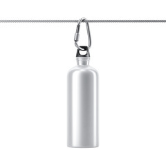 Metal Steel sport Bottle Mockup for water with carabiner hanging on the cord, isolated on white, 3d rendering