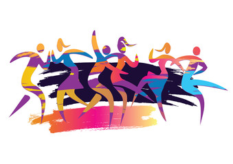 Dancing couples disco party.
Expressive colorful illustration of three  disco dancing couples. Vector available.