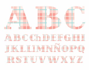 Spanish alphabet, font, plaid, pink, vector. Uppercase letters of the Spanish alphabet. Letters with serifs. Checkered vector font. Pink squares and a thin turquoise line.  
