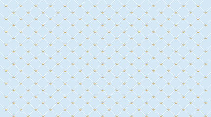Blue seamless pattern with golden crown. Classic backdrop for invitation card and decoration party (wedding, baby boy shower, birthday) Cute wallpaper for prince's style child's room. Gift wrap paper.