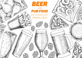 Pub food frame vector illustration. Beer, meat, french fries, fast food and snacks hand drawn. Food set for pub design top view. Vintage engraved illustration for beer restaurant.