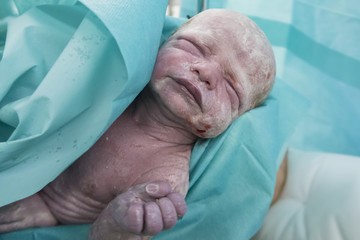 New born baby girl - she is only one minute old and her skin is covered in vernix caseosa.