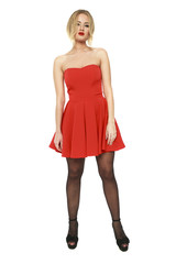 Young beautiful happy blonde woman in red dress