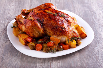Roast chicken with brussel sprouts, carrot