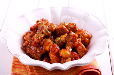 Pork and mushroom stew on plate