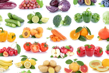 Obst und Gemüse Früchte Hintergrund Apfel Tomaten Zitronen Orangen Beeren Salat Farben Collage Freisteller freigestellt isoliert