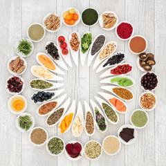 Health food concept to improve brain power and cognitive functions. Super foods very high in vitamins, minerals, antioxidants, omega 3 and anthocyanins. Top view.