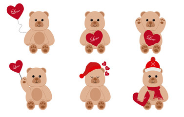 Set of teddy bears with red hearts