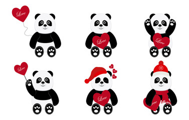 Set of panda bears with red hearts