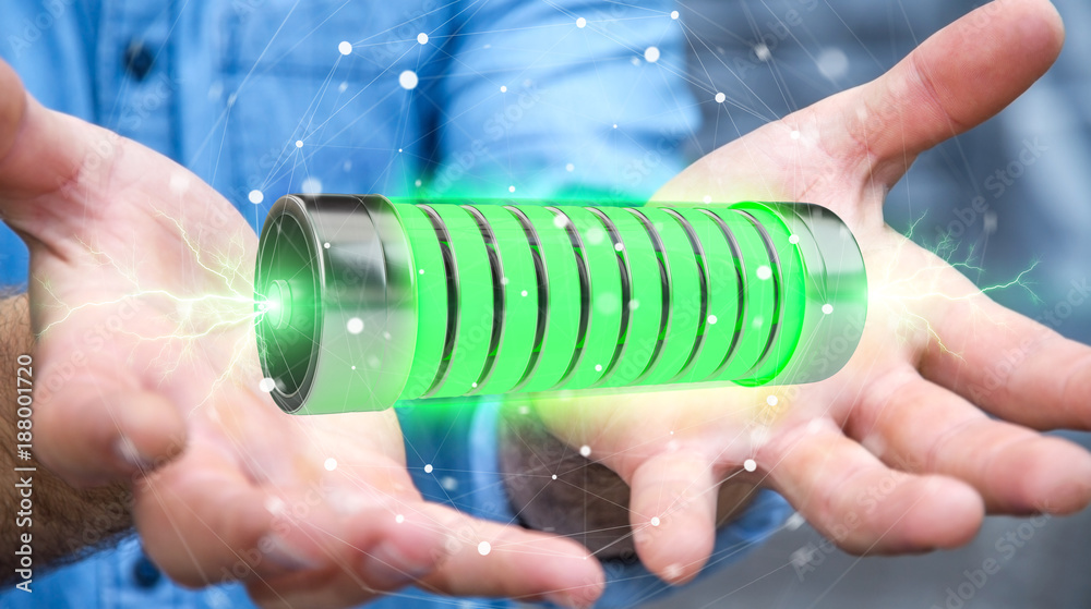 Aufkleber businessman using green battery with lightnings 3d rendering