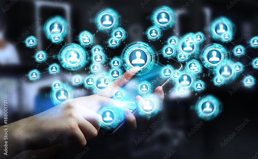 Poster Businessman using social network interface 3D rendering