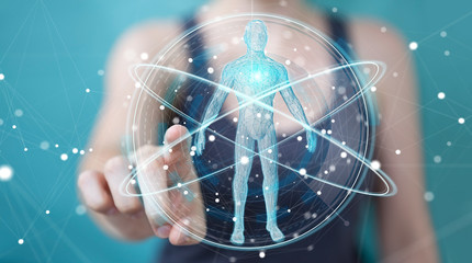 Businesswoman using digital x-ray human body scan interface 3D rendering