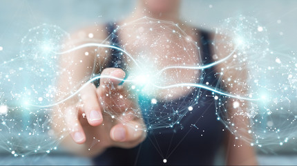 Businesswoman using digital network connection sphere 3D rendering