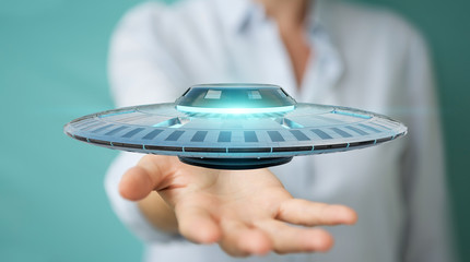 Businesswoman with retro UFO spaceship 3D rendering © sdecoret