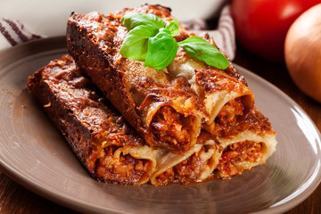 Baked cannelloni with minced meat and bechamel sauce on a plate