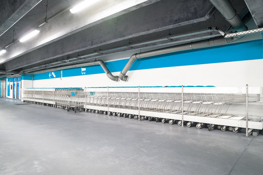 an underground garage whit shopping carts