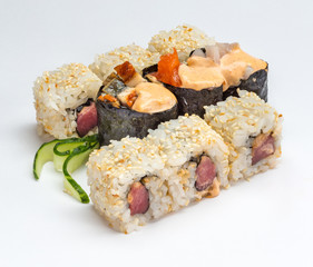 Sushi and roll set with seafood isolated on white background. Japanese cuisine.