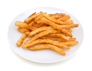 a pile of french fries isolated in white plate on white