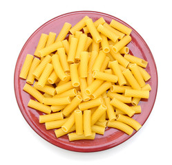 heap of pasta in plate on white background