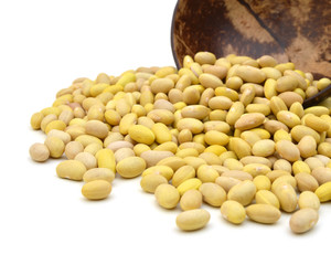 Raw canary beans (peruano beans, yellow beans) on wood bowl on white background