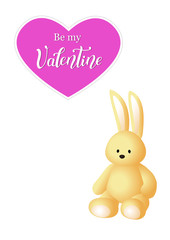 Illustration for greeting card, valentine, Valentines Day poster with calligraphy lettering of Be my Valentine on pink heart and a three dimensional vanilla hare soft toy on white background