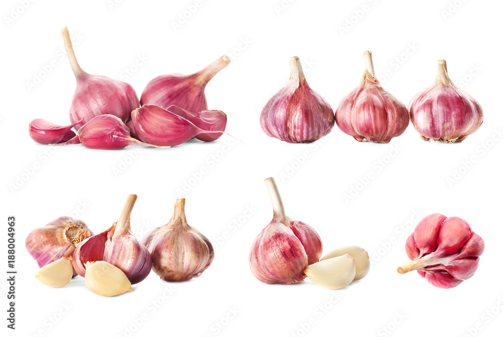 Wall mural Set with raw fresh garlic on white background