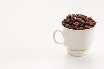 Coffee beans in coffee cup on white background