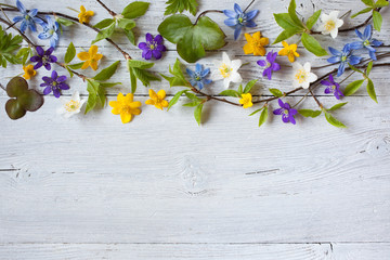 Spring flowers of anemones and snowdrops on a wooden background.