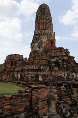 The pagoda and ancient castle or what we so roughly called temple which Buddha statue in front or inside of the structures in the area of Wat Ratchaburana. 