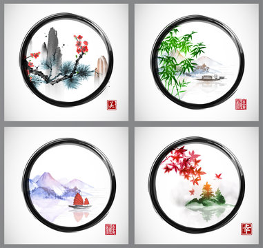 Four illustration with mountains and trees in traditional oriental ink painting sumi-e, u-sin, go-hua in black enso zen circle. Contains hieroglyphs - happiness, blessing