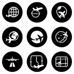 Set of white icons isolated against a black background, on a theme Aircraft