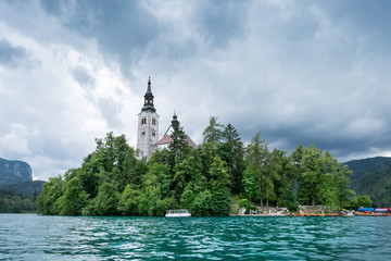 Fototapeta na wymiar The island in the middle of bled lake, Slovenia , Europe