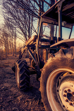Tractor with crane in autumnal countryside, bare trees, golden hour