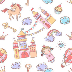 Seamless fairytale pattern with castles, hot air balloon, princess and unicorn